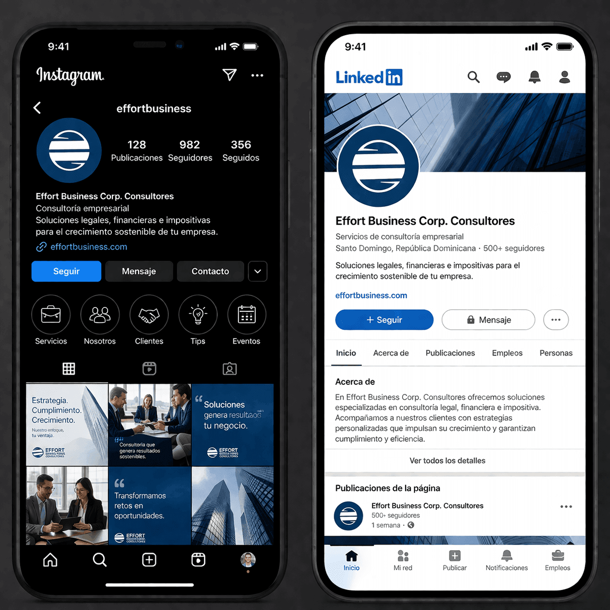 Perfiles móviles · Instagram + LinkedIn